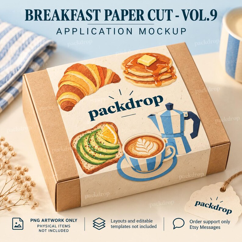 Breakfast Paper Cut Vol.9 - Bakery packaging application mockup. Application mockup. PNG artwork only; physical items and editable layouts not included.