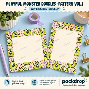 Playful Monster Doodles Pattern Vol.1 - Social campaign application mockup. Application mockup. Digital-paper artwork only; physical items and editable layouts not included.
