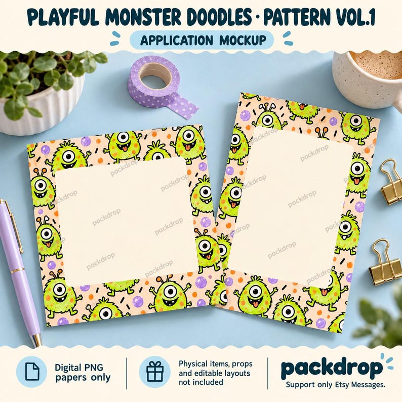 Playful Monster Doodles Pattern Vol.1 - Social campaign application mockup. Application mockup. Digital-paper artwork only; physical items and editable layouts not included.