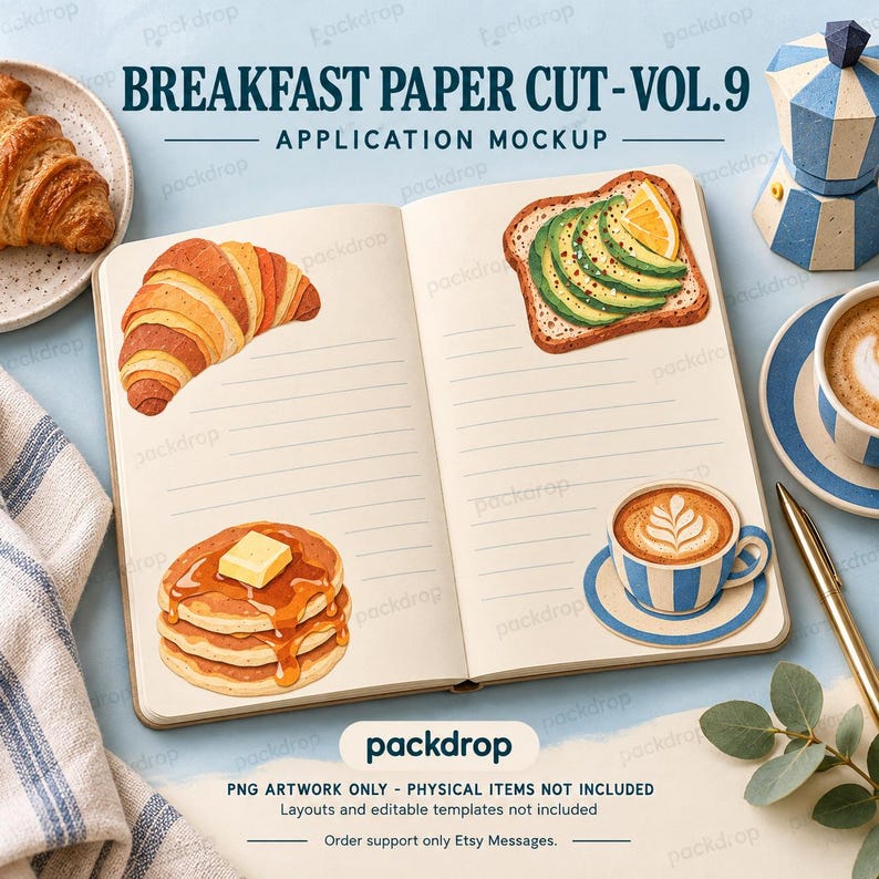 Breakfast Paper Cut Vol.9 - Recipe planner application mockup. Application mockup. PNG artwork only; physical items and editable layouts not included.