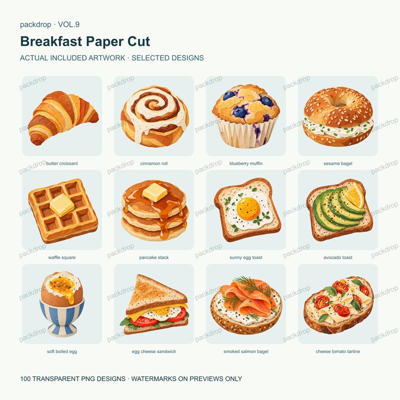 Breakfast Paper Cut Vol.9 - Actual PNG artwork samples 1. Watermarked preview; purchased artwork has no watermark.
