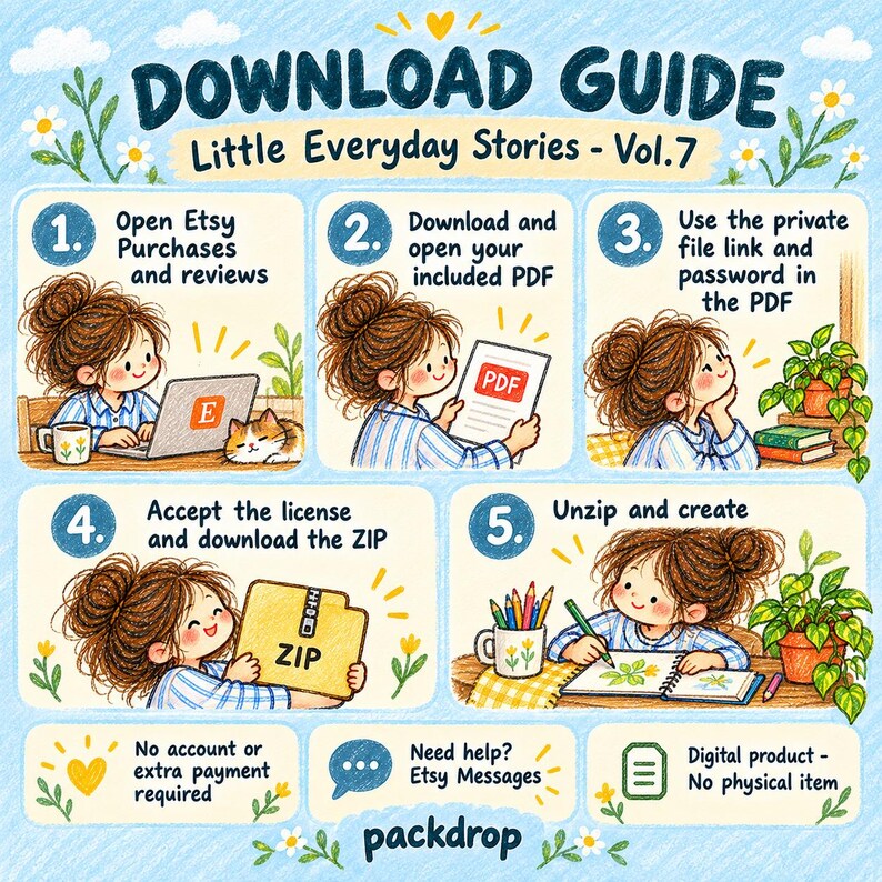 Little Everyday Stories Vol.7 - Download guide. Etsy Purchases PDF, private file link, password, license acceptance, ZIP. No extra payment or shop account.