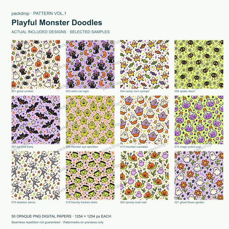 Playful Monster Doodles Pattern Vol.1 - Actual PNG artwork samples 1. Watermarked preview; purchased artwork has no watermark.