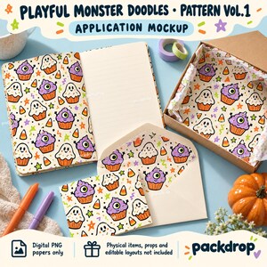 Playful Monster Doodles Pattern Vol.1 - Stationery application mockup. Application mockup. Digital-paper artwork only; physical items and editable layouts not included.