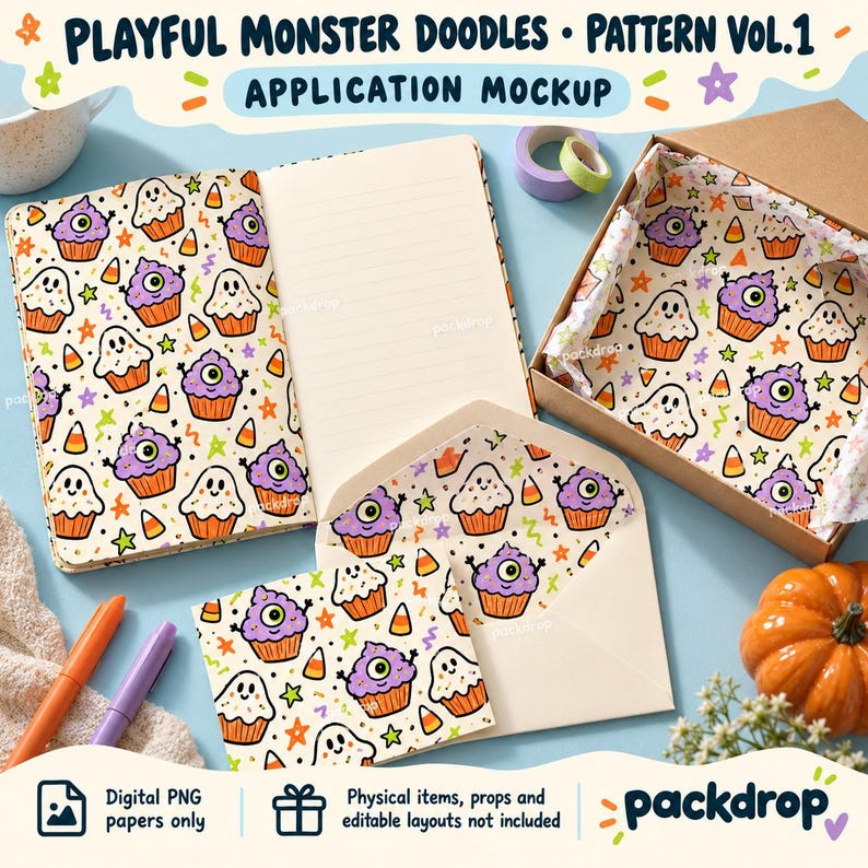 Playful Monster Doodles Pattern Vol.1 - Stationery application mockup. Application mockup. Digital-paper artwork only; physical items and editable layouts not included.