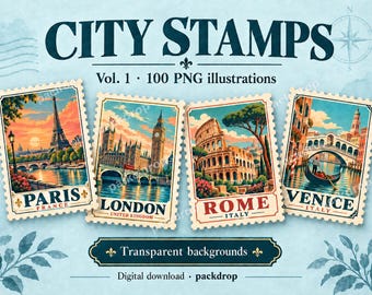 City Stamps Vol. 1: 100 Vintage City PNG Illustrations, Commercial & POD License