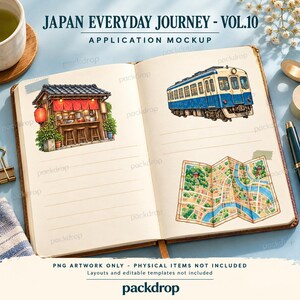 Japan Everyday Journey Vol.10 - Travel journal application mockup. Application mockup. PNG artwork only; physical items and editable layouts not included.