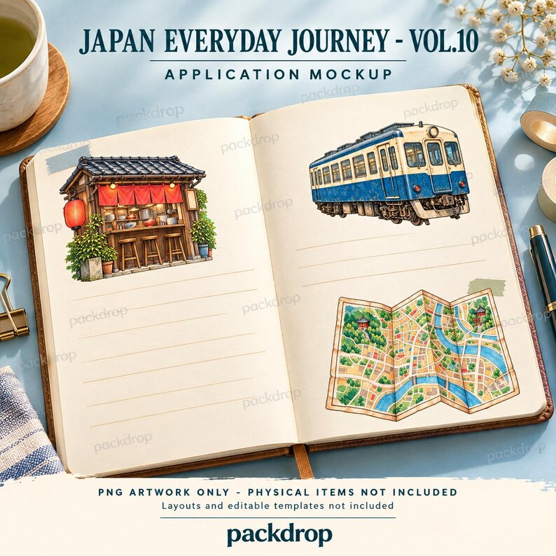 Japan Everyday Journey Vol.10 - Travel journal application mockup. Application mockup. PNG artwork only; physical items and editable layouts not included.