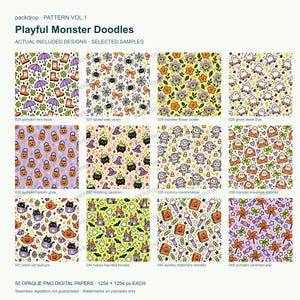 Playful Monster Doodles Pattern Vol.1 - Actual PNG artwork samples 2. Watermarked preview; purchased artwork has no watermark.