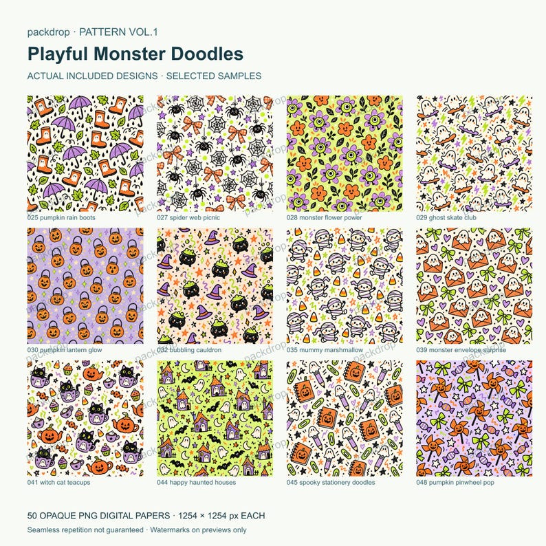 Playful Monster Doodles Pattern Vol.1 - Actual PNG artwork samples 2. Watermarked preview; purchased artwork has no watermark.