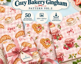 Cozy Bakery Gingham Patterns, Croissant Coffee Bow Backgrounds (Digital Download)