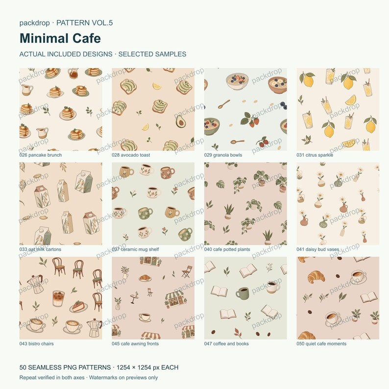 Minimal Cafe Pattern Vol.5 - Actual PNG artwork samples 2. Watermarked preview; purchased artwork has no watermark.