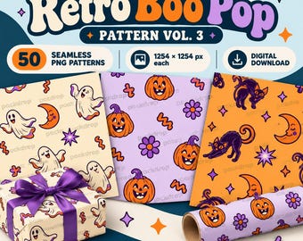 Patrones retro de Halloween sin costuras, 50 imágenes PNG de gatos, calabazas y fantasmas naranjas y morados (descarga digital)