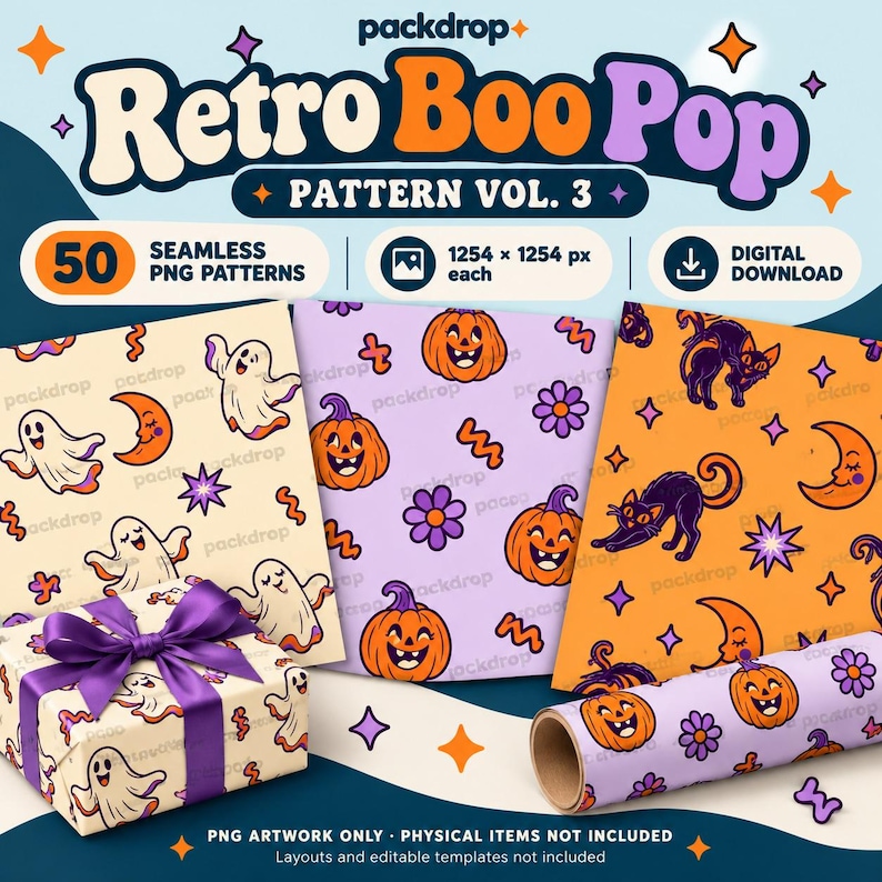 Retro Boo Pop Pattern Vol.3 - Retro Boo Pop digital-paper cover. Watermarked preview; purchased artwork has no watermark.