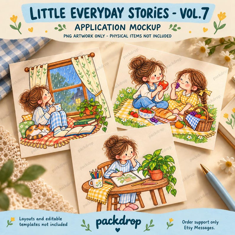 Little Everyday Stories Vol.7 - Postcard application mockup. Application mockup. PNG artwork only; physical items and editable layouts not included.