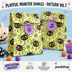 Playful Monster Doodles Pattern Vol.1 - Party bags application mockup. Application mockup. Digital-paper artwork only; physical items and editable layouts not included.