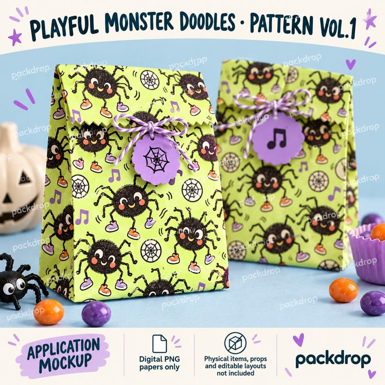 Playful Monster Doodles Pattern Vol.1 - Party bags application mockup. Application mockup. Digital-paper artwork only; physical items and editable layouts not included.