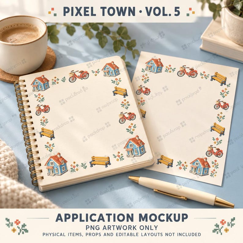 Pixel Town Vol.5 - Neighborhood notebook. Application mockup. PNG artwork only; physical items and editable layouts not included.