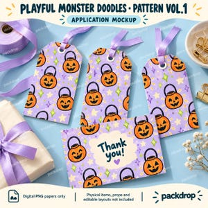 Playful Monster Doodles Pattern Vol.1 - Gift tags application mockup. Application mockup. Digital-paper artwork only; physical items and editable layouts not included.