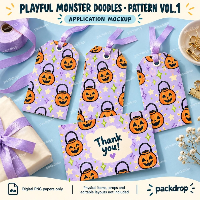 Playful Monster Doodles Pattern Vol.1 - Gift tags application mockup. Application mockup. Digital-paper artwork only; physical items and editable layouts not included.