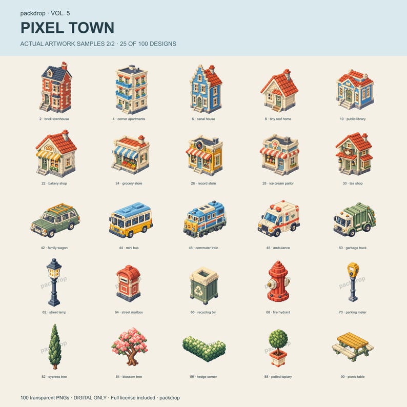 Pixel Town Vol.5 - Actual artwork samples 2. Watermarked preview; purchased artwork has no watermark.