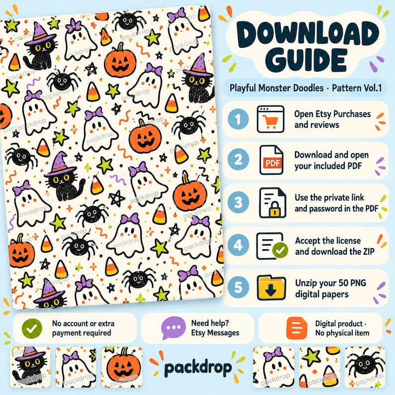 Playful Monster Doodles Pattern Vol.1 - Download guide. Etsy Purchases PDF, private file link, password, license acceptance, ZIP. No extra payment or shop account.
