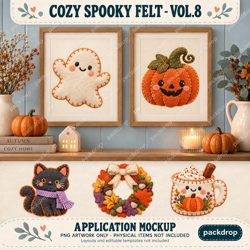 Cozy Spooky Felt Vol.8 - Framed art application mockup. Application mockup. PNG artwork only; physical items and editable layouts not included.