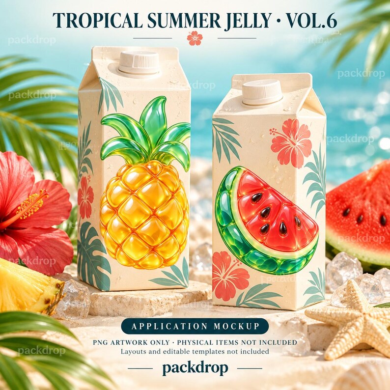 Tropical Summer Jelly Vol.6 - 07-juice-packaging. Application mockup. PNG artwork only; physical items and editable layouts not included.