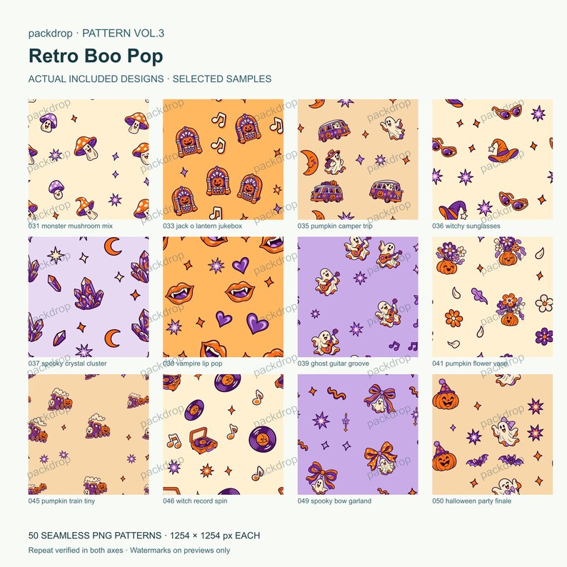 Retro Boo Pop Pattern Vol.3 - Actual PNG artwork samples 2. Watermarked preview; purchased artwork has no watermark.