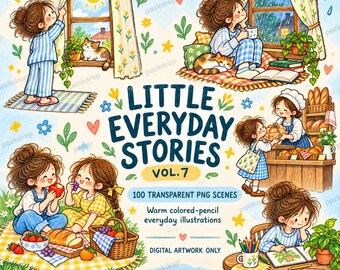 Everyday Life Colored Pencil Clipart, 100 Transparent PNG Scenes (Digital Download)