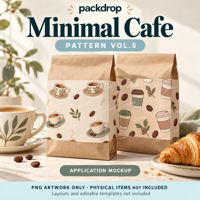 Minimal Cafe Pattern Vol.5 - Coffee bag application mockup. Application mockup. Digital-paper artwork only; physical items and editable layouts not included.