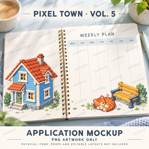 Pixel Town Vol.5 - City planner. Application mockup. PNG artwork only; physical items and editable layouts not included.