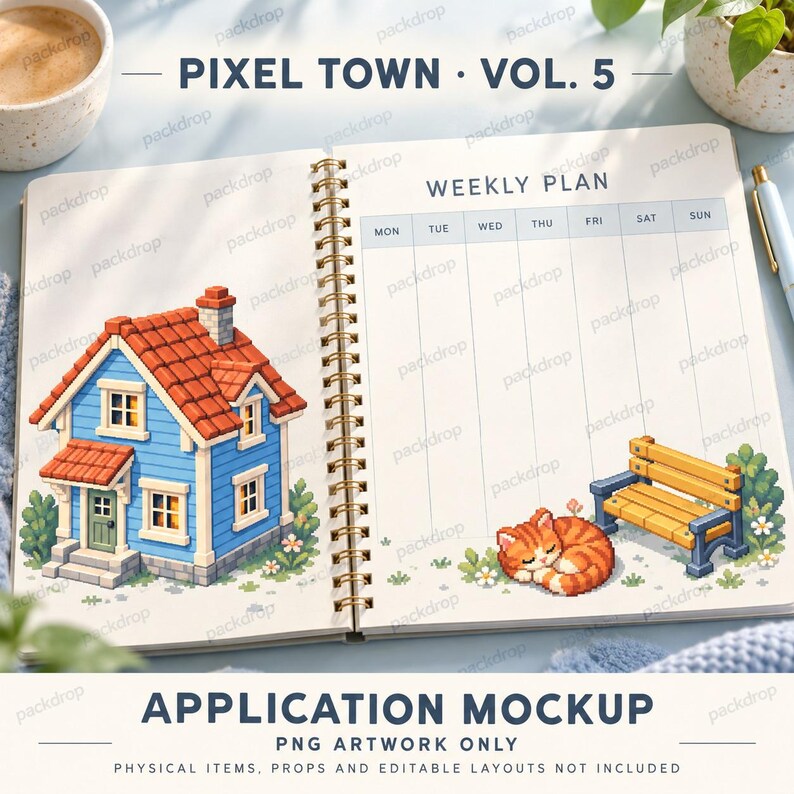Pixel Town Vol.5 - City planner. Application mockup. PNG artwork only; physical items and editable layouts not included.