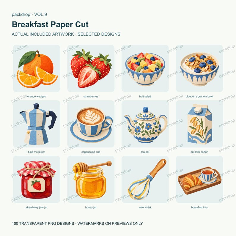 Breakfast Paper Cut Vol.9 - Actual PNG artwork samples 2. Watermarked preview; purchased artwork has no watermark.