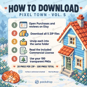 Vol.5 Etsy direct download guide: download all five ZIP files from Purchases and reviews in a browser, extract into the same folder, read the included Commercial License and use 100 PNGs. 20 PNGs per ZIP. Contact Etsy Messages for help.
