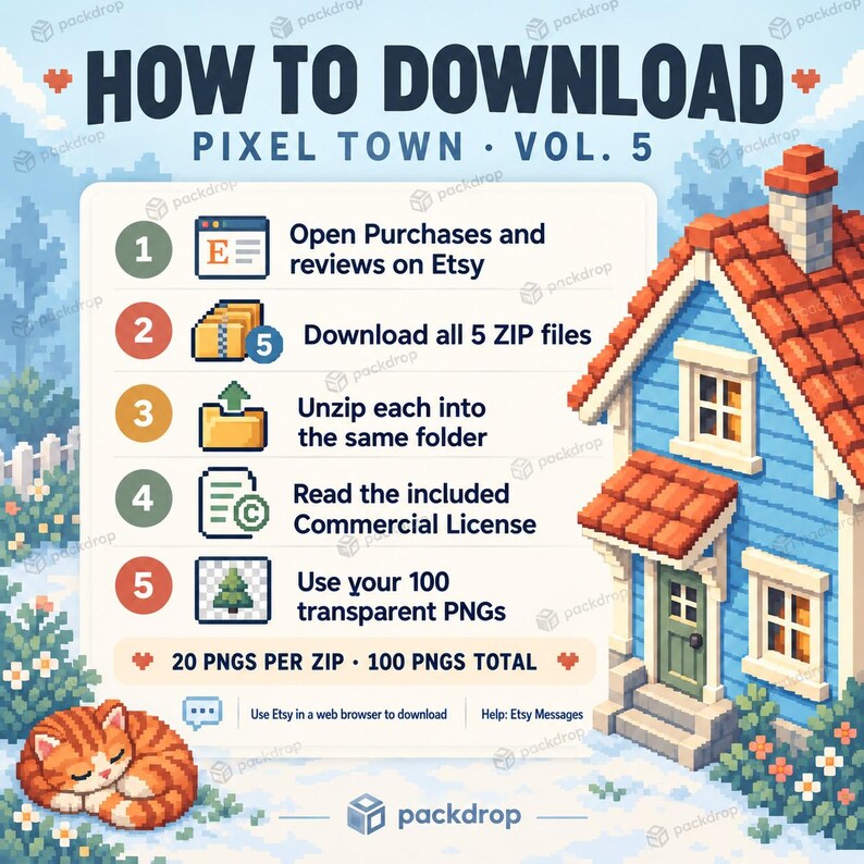 Vol.5 Etsy direct download guide: download all five ZIP files from Purchases and reviews in a browser, extract into the same folder, read the included Commercial License and use 100 PNGs. 20 PNGs per ZIP. Contact Etsy Messages for help.