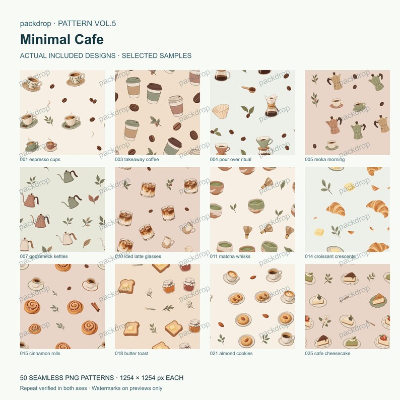 Minimal Cafe Pattern Vol.5 - Actual PNG artwork samples 1. Watermarked preview; purchased artwork has no watermark.