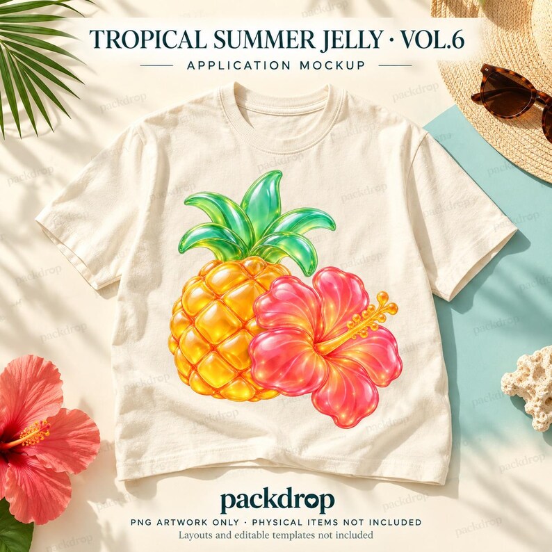 Tropical Summer Jelly Vol.6 - 04-summer-tee. Application mockup. PNG artwork only; physical items and editable layouts not included.