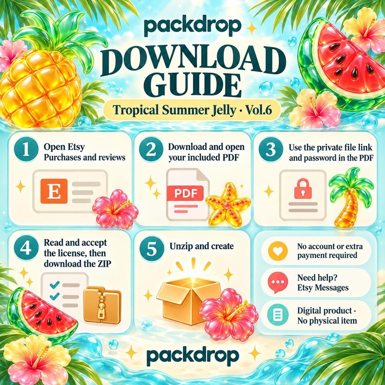 Tropical Summer Jelly Vol.6 - 09-download. Etsy Purchases PDF, private file link, password, license acceptance, ZIP. No extra payment or shop account.