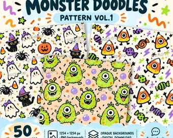 Halloween Monster Doodle Digital Papers, 50 Ghost Pumpkin Patterns (Digital Download)