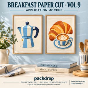 Breakfast Paper Cut Vol.9 - Kitchen wall prints application mockup. Application mockup. PNG artwork only; physical items and editable layouts not included.