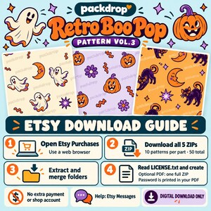 Retro Boo Pop Pattern Vol.3 - Download guide. Download all five ZIP files from Etsy Purchases and merge their folders. Optional full-pack guide included. No extra payment or shop account.