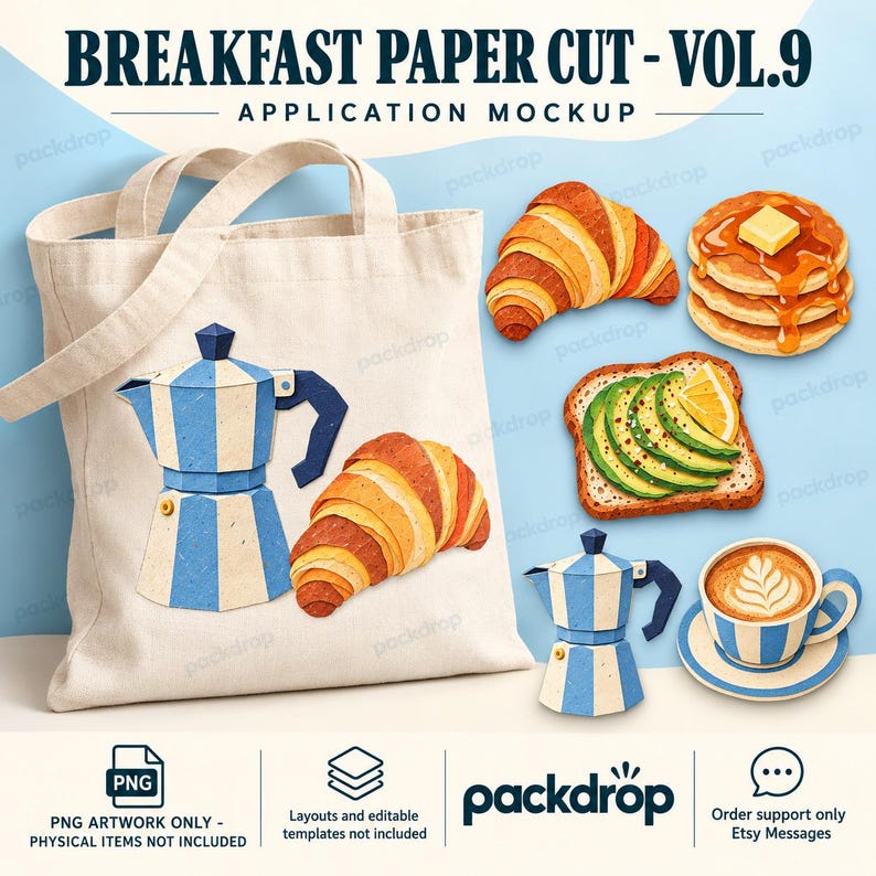 Breakfast Paper Cut Vol.9 - Canvas tote application mockup. Application mockup. PNG artwork only; physical items and editable layouts not included.
