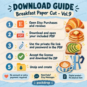 Breakfast Paper Cut Vol.9 - Download guide. Etsy Purchases PDF, private file link, password, license acceptance, ZIP. No extra payment or shop account.