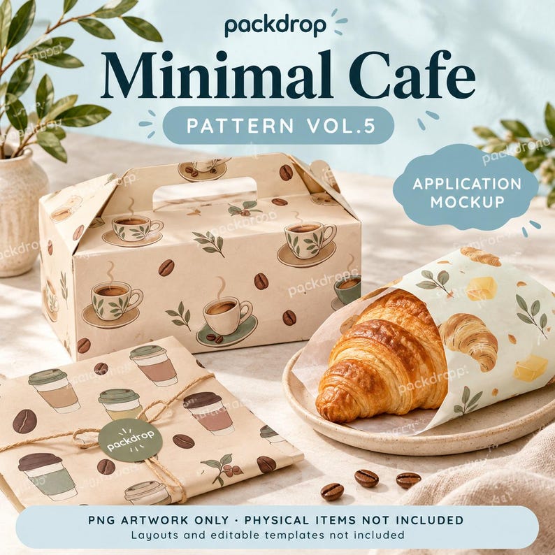 Minimal Cafe Pattern Vol.5 - Pastry wrapping application mockup. Application mockup. Digital-paper artwork only; physical items and editable layouts not included.