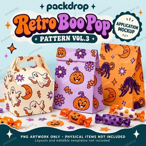 Retro Boo Pop Pattern Vol.3 - Halloween treat packaging application mockup. Application mockup. Digital-paper artwork only; physical items and editable layouts not included.