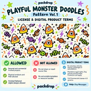Playful Monster Doodles Pattern Vol.1 - Commercial license and digital policy. Watermarked preview; purchased artwork has no watermark.