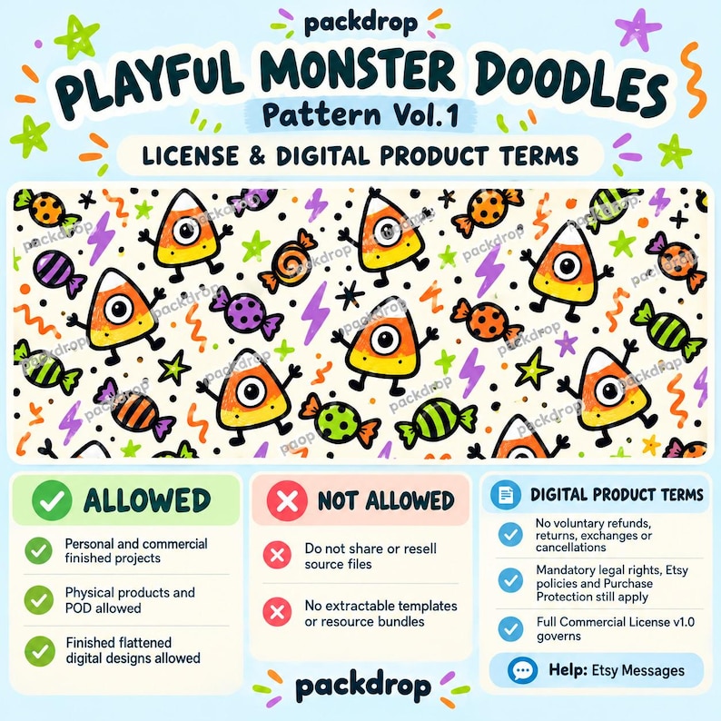 Playful Monster Doodles Pattern Vol.1 - Commercial license and digital policy. Watermarked preview; purchased artwork has no watermark.