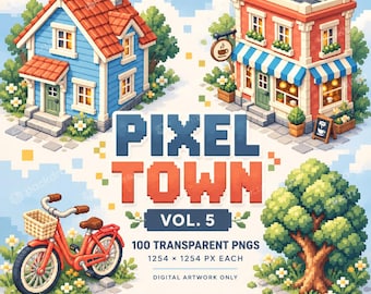 Pixel Town Vol. 5: 100 Isometric PNG Graphics, Cozy City Buildings, Shops, Vehicles (Digital Download)