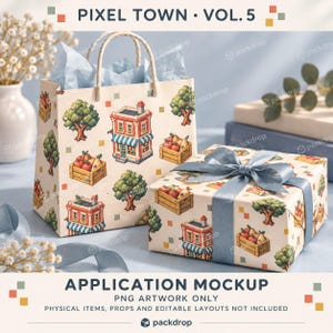 Pixel Town Vol.5 - Market packaging. Application mockup. PNG artwork only; physical items and editable layouts not included.